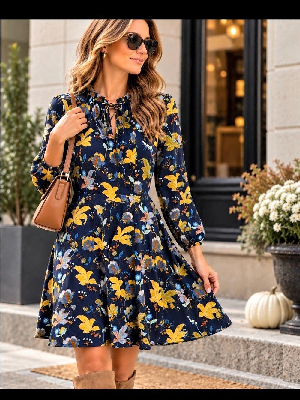 LOFT Floral Tie Neck Dress 14 Navy Yellow Blue Long Sleeve Fit Flare